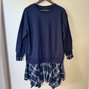 SecChic navy blue sweater with drop waist plaid bottom